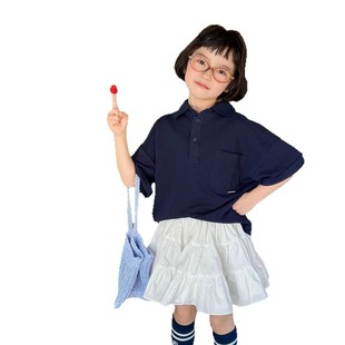 2025 Summer New Korean-style Children's Back Letter Polo Short-sleeved Loose College-style All-match Top for Boys and Girls