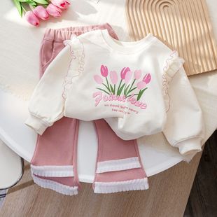 2025 Korean-style lace sweater for small and medium-sized girls Internet-famous foreign-style printed long-sleeved top autumn two-piece set