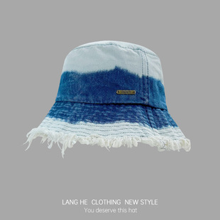 Raw Edge Color-matching Cowboy Fisherman Hat Women's Letter Sewing Label Washed Autumn Face Showing Small Hat Autumn and Winter Casual Basin Hat