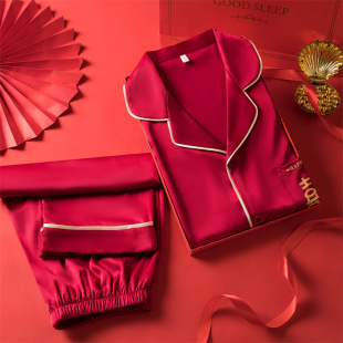 Ice Silk pajamas women's summer high-grade wedding fashion long-sleeved trousers suit gift couple home wear wholesale