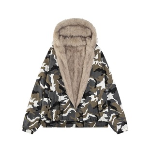 National fashion brand camouflage warm 2024 winter new real shot American retro hot girl hooded double-sided cotton-padded jacket coat