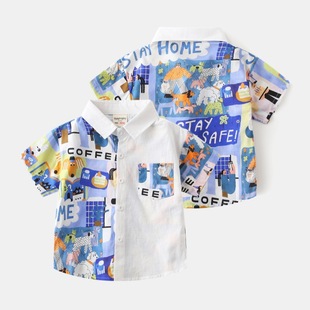 Fashionable summer 2025 new boys short sleeve shirt Korean baby printed stitching short sleeve shirt generation hair