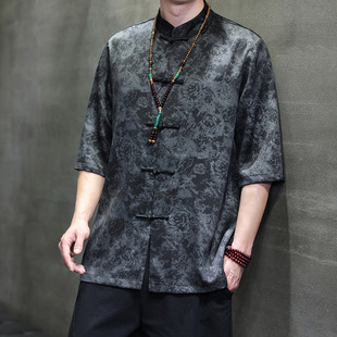 2025 Summer New Chinese Style Men's Ice Silk Tang Dress Short-sleeved Half-sleeved Shirt plus size Trendy Casual Shirt