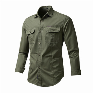 Men's Large Size Loose Long-sleeved Shirt Men's Autumn Washed Cotton Multi-bag Tooling Business Casual Shirt