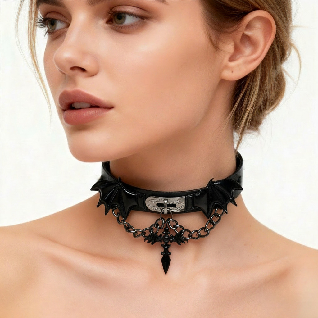Dark Gothic Punk Choker Leather Necklace Sweet Cool Cross Butterfly Wings Choker Collarbone Chain