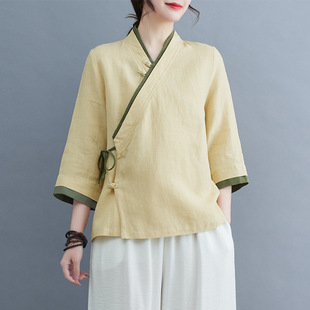 Real shot Tang suit women's Hanfu modified summer tea suit suit Buddha women's meditation suit Zen Chinese style top
