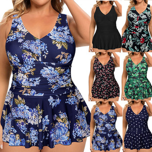 2025 new cross-border European and American plus size swimsuit women's printed sleeveless one-piece skirt suspender Amazon explosions swimsuit