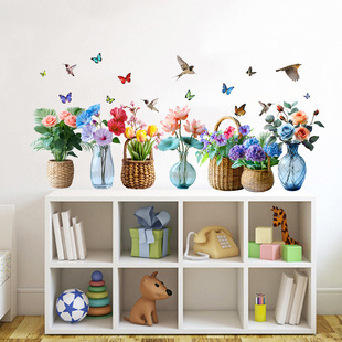 Self-Adhesive Wall Stickers Hummingbird Butterfly Vase Flower Basket Peony Flowers Green Leaves Living Room Bedroom Decorative Stickers KSA143