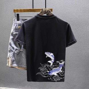 European STaTion Fashion Trendy Brand Accessible Luxury Men's T-shirT ShorT-sleeved Heavy Carp Embroider 2024 New Round Neck Half-sleeved T-shirT