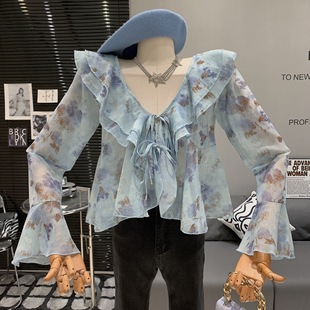French Style Gentle Elegant Sweet Ruffled V-neck Floral Strap Slim-fit Slimming All-match Western Style Horn Sleeve Top