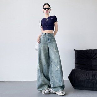Ming Hai Pear Figure American Style Scimitar Ripped Jeans Women's New Loose Slimming Casual Wide Leg Pants