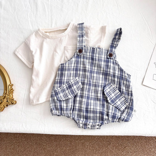 Korean Style Plaid Thin Wrap Clothes for Boys and Girls Baby Summer New Baby jumpsuit Stylistype Strap Outfit