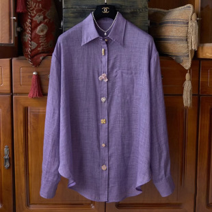 Pre-Sale Beautiful Hibiscus Purple! Western and Comfortable Metal Flower Button Single Flap Pocket Pants Ramie Shirt Shorts
