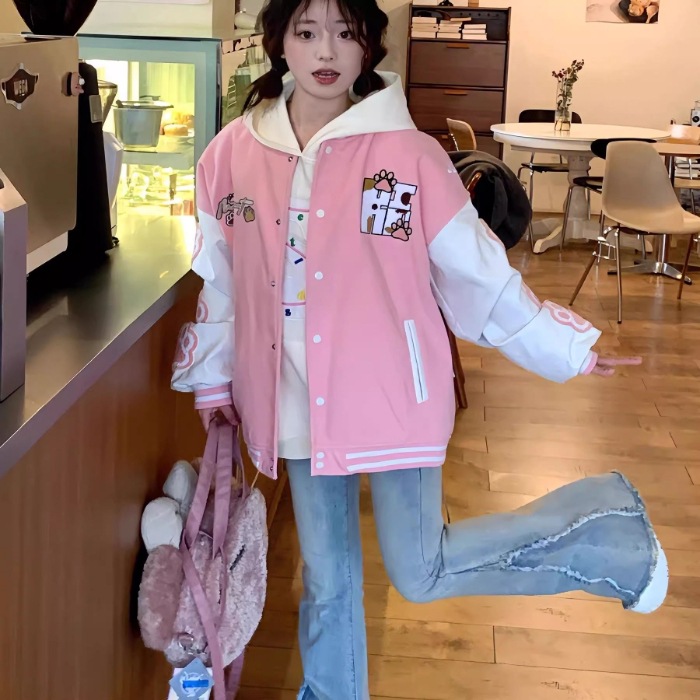 College Style Sweet Cat Claw Embroidered Baseball Jacket for Women 2025 Spring New Design Contrasting Color Jacket Top