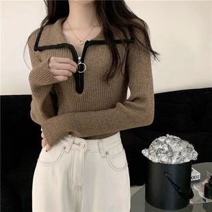 G-Color Contrast Half-Zip Lapel Sweater Women's Spring and Autumn Inner Base Slim-Fit Slimming Knitted Long-Sleeved Top