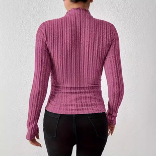 2024 Women's Autumn Long-sleeved T-shirt Casual Round Neck Rib Knitted Slim-fit Basic Solid Color Top