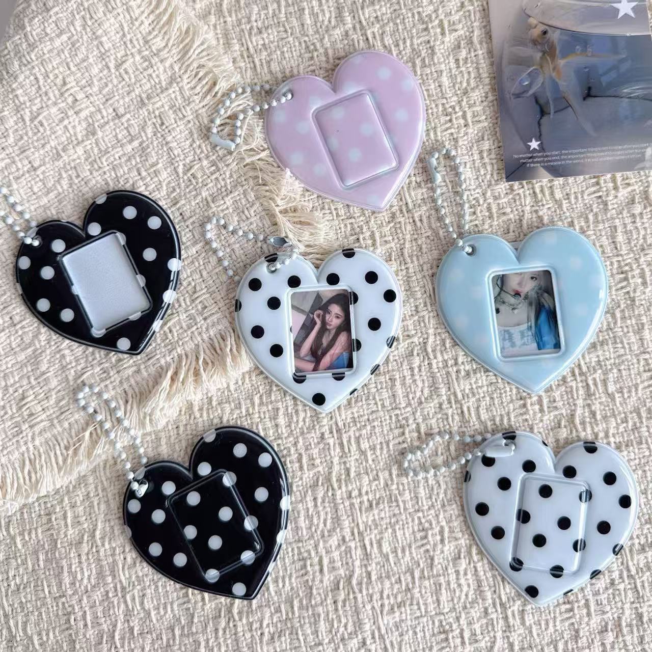 Heart-Shaped Polka Dot 1inch Id Photo Card Holder Pvc Fan Protection Pendant Single Clip