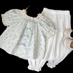 2024 Korean Style Summer Comfortable Girl Baby light blue Small Floral Lace Doll Shirt Short Sleeve Shirt Top