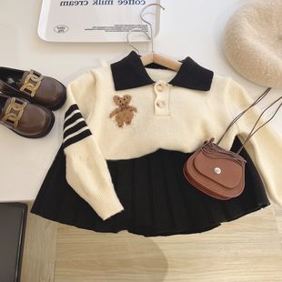 Girls' Spring and Autumn suit 2024 New Children's College Style Sweater Cardigan Dress Western Style Baby Girl Two-Piece Set