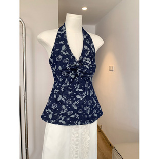 Sena 2025 Spring French Spice Girls V-Neck Jacquard Denim Vest Top Backless Joker Shirt Women