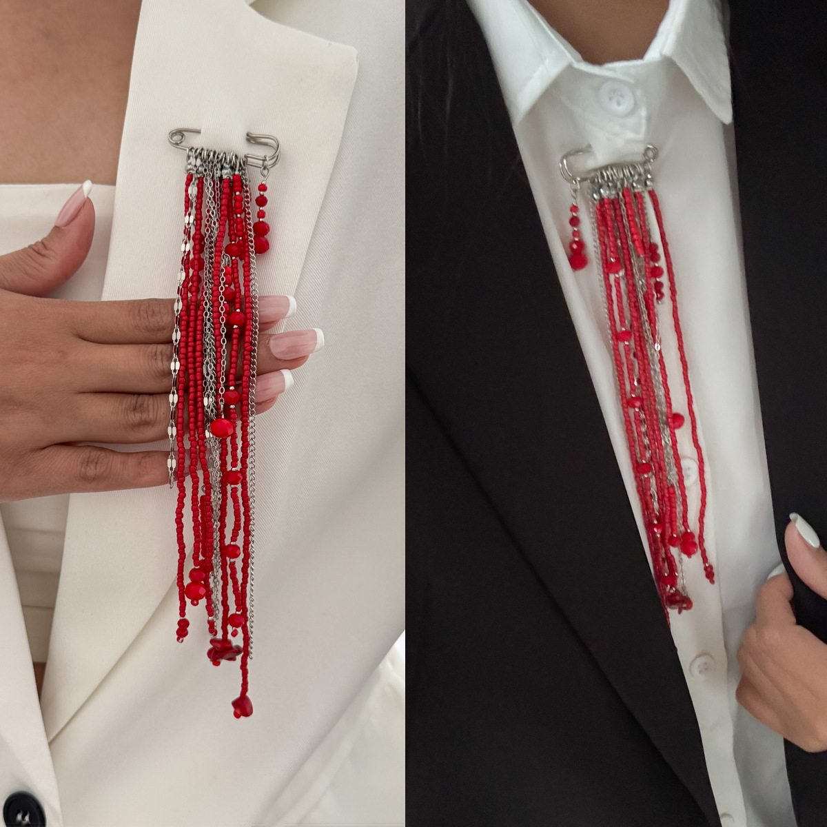 Cross-Border Ins Retro Tassel Commuter Multi-Purpose Pin Clothing European and American Brooch Long Beaded Crystal Decorative Brooch