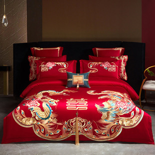 Wedding four-piece cotton long-staple cotton dragon and phoenix embroidery red wedding quilt cotton bedding wedding kit wholesale