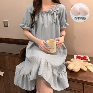 Women's Pajamas with Chest Pad Summer New Knitted Cotton Short Sleeve Mid-Length Nightgown Girl's Sweet Princess Style Thin Home Clothes