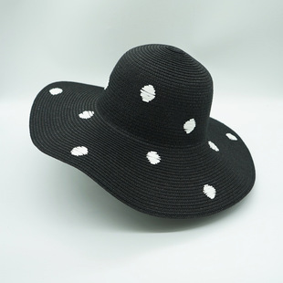 French Style Elegant Retro Black and White Wave Dot Elegant Hepburn Straw Hat Women's Summer Sunshade Vacation Beach Brim Top Hat Fashion