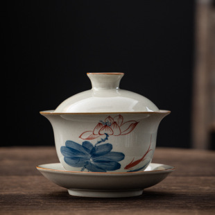 Dehua Plant Ash Hand-painted Landscape Orchid Ceramic Tea Bowl Main Bowl Three-talent Bowl Single Kung Fu Tea Set