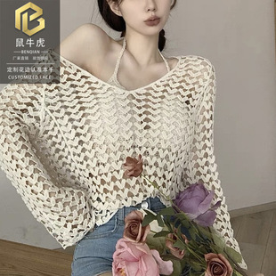 Gentle hollow-out long-sleeved knitted sun protection blouse women's clothing early autumn new thin transparent pullover loose top outer wear