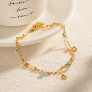 New Chinoiserie Turquoise Beaded Mini Shell Tassel Pendant Anklet Stainless Steel Satellite Chain Exquisite Double Layer Anklet