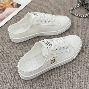Spring and Summer 2025 New Canvas Shoes Female Students Half-drag Slip-on White Shoes Soft-soled All-match Women's Shoes Lace-up Shoes