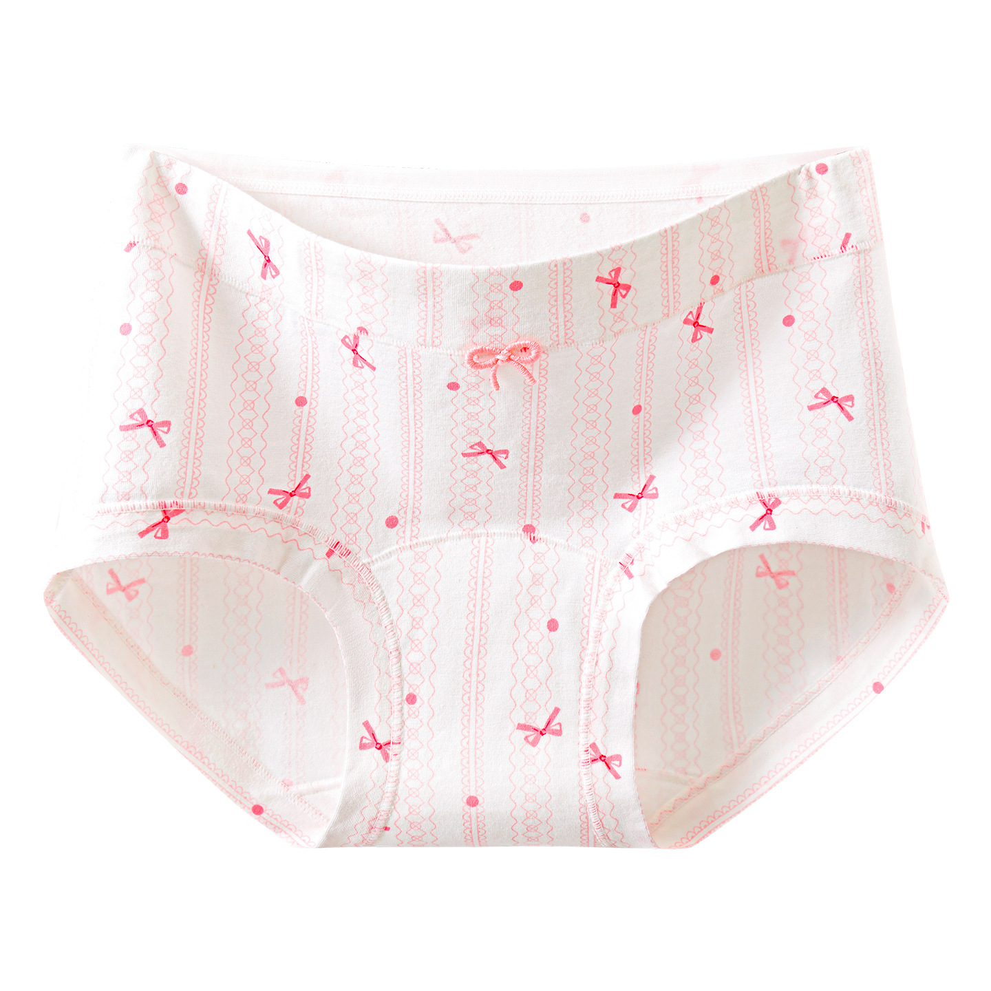 Women's seamless 10A cotton mid-waisted antibacterial extra-long crotch panties with sweet bow print.