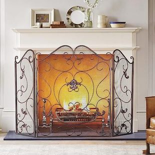 European Style Household Wrought Iron Vertical Fireplace Firewood Stove Fence Guardrail Triple Folding Screen Fireplace Cover Fireplace Decoration