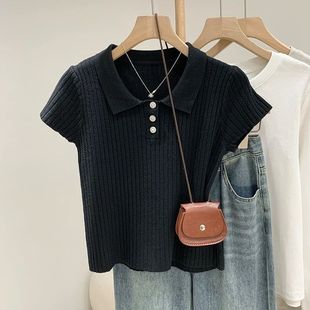 Polo Collar Solid Color Slimming Chic Regular Shoulder Knit Top Ribbed Ice Silk Slim Fit T-Shirt Printed Chuan Yu Sleeveless