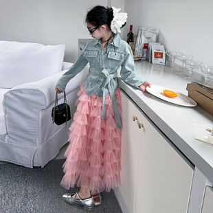 Girls spring and summer suit 2025 fashionable girls Korean style big children's western belt Denim coat cake skirt