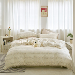 2025 new lace cotton double yarn four-piece set 1.8m sheets four-piece set of flower tea powder grid