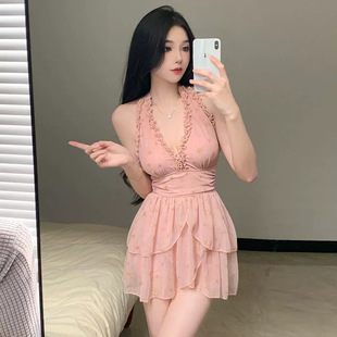High Color Value Pure Desire Girl Powder Body Skirt Swimsuit Women's Sexy Deep V-size Breast Covering Meat Slimming Hot Spring