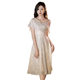 Champagne evening dress women's small light luxury niche sequined host dress shiny mid-length dress
