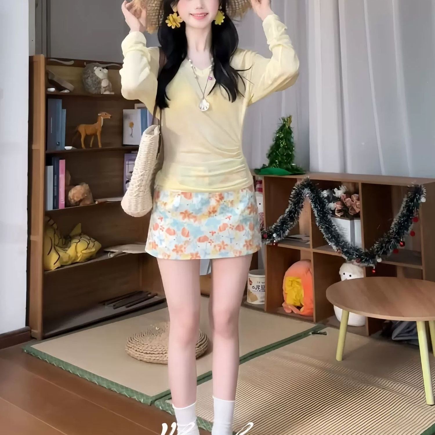 2026 New Style Four-Piece Set for Women, Summer Dopamine Vacation Style, Yellow Long-Sleeve Cover-Up, Two-Piece Floral Skirt-Style Swimsuit