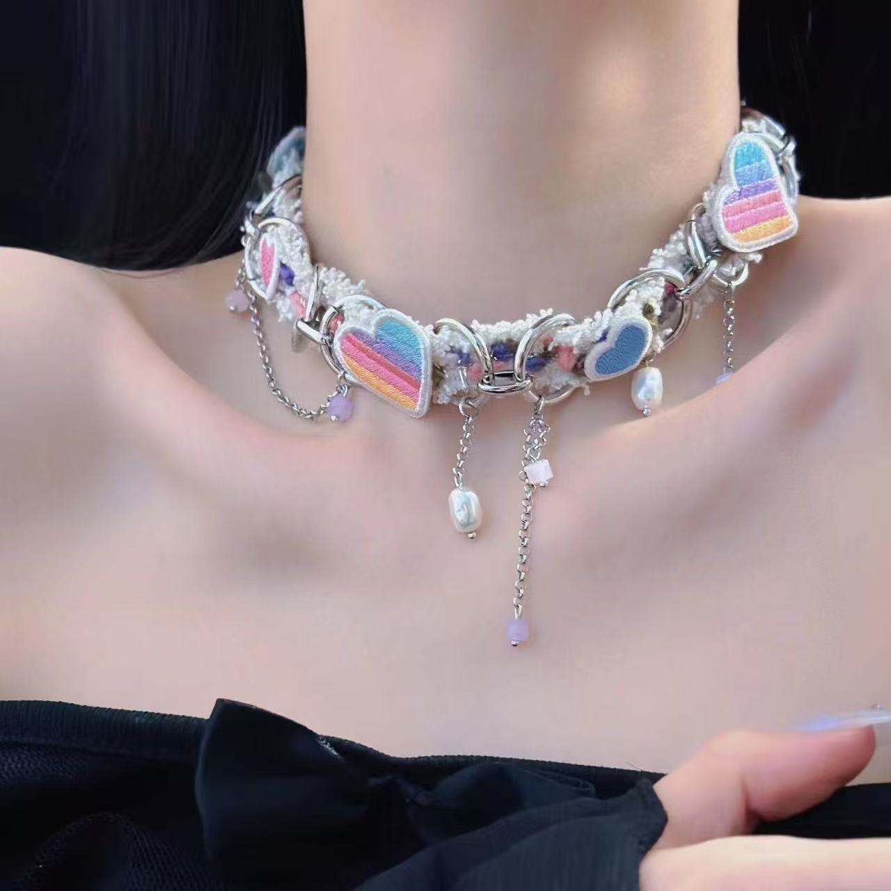 Choker Sweet Cool Sexy Necklace Y2K Millennium Style Niche Yabi Accessories Dopamine Colorful Heart Necklace for Women