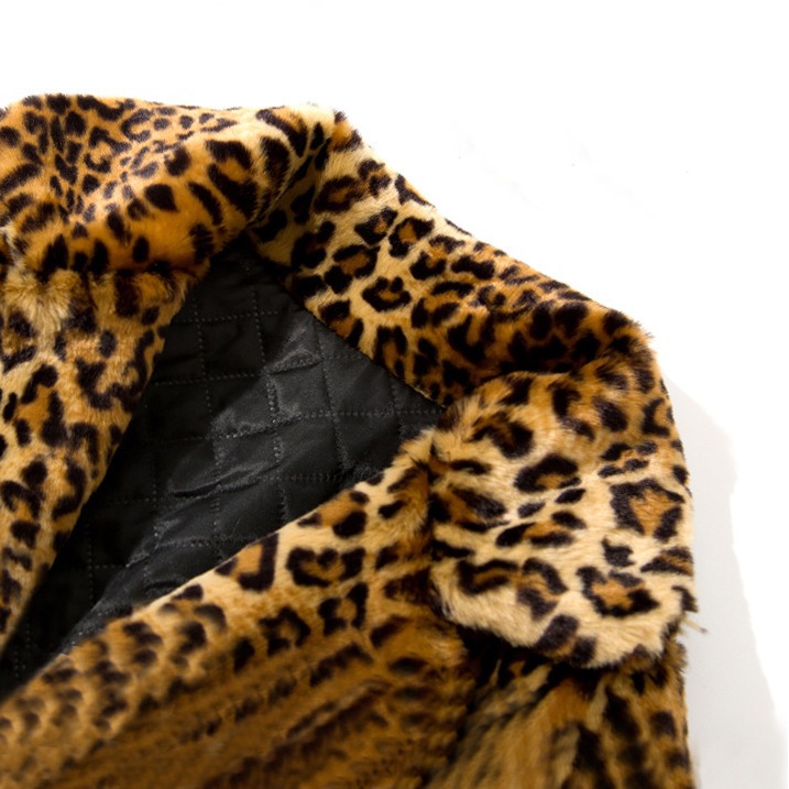 European and American Style Faux Fur Coat for Women, Mid-Length, with a Suit Collar, Sexy Leopard Print, in Stock, European and American Style