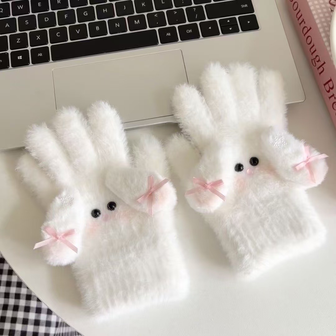 New plush puppy winter gloves female students finger cute braid puppy warm high value riding cold