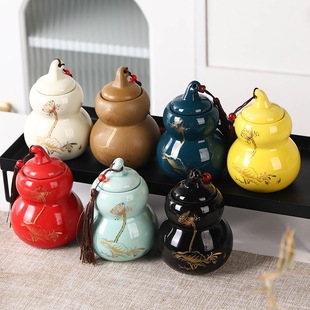 Fire Dragon Vintage Gourd Ceramic Desktop Ornaments Lotus Sealed Moisture-proof Fragrant Powder Jar Tea Jar Storage Paste Jar