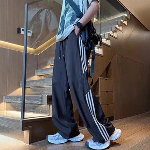 Striped fleece-lined Casual Pants Men's Autumn and Winter New American Style Trendy Brand Loose Wide Leg All-match Sports Trendy Trousers Men's Wear