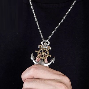 Vintage Thai silver anchor necklace men's fashion European and American street personality compass rudder pendant hip hop all-match rotatable