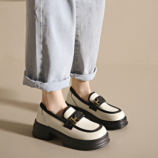 Loafers Women's 2025 New Summer and Autumn Black Thick Bottom Explosions British Style Small Leather Shoes Thick Heeled Slip-on Shoes