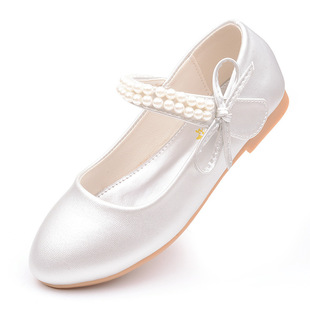 Spring and Autumn New Girls White Leather Shoes Children's Flat White Shoes Girls Flower Girl School Uniform Photography Dress Shoes Pearl