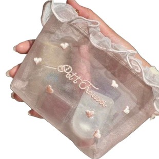 Tissue Storage Bag Cute Love New Style Makeup Bag Girls Ins Large Capacity Embroidered Portable Makeup Bag Mesh
