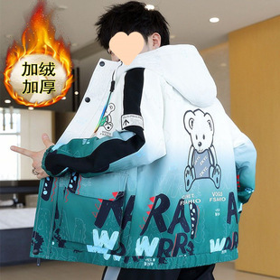 Winter Coat Men's fleece-lined Thickened Junior High School Students Big Children's Cotton-padded Clothes for Boys Fashionable Handsome Loose Cotton-padded Coat